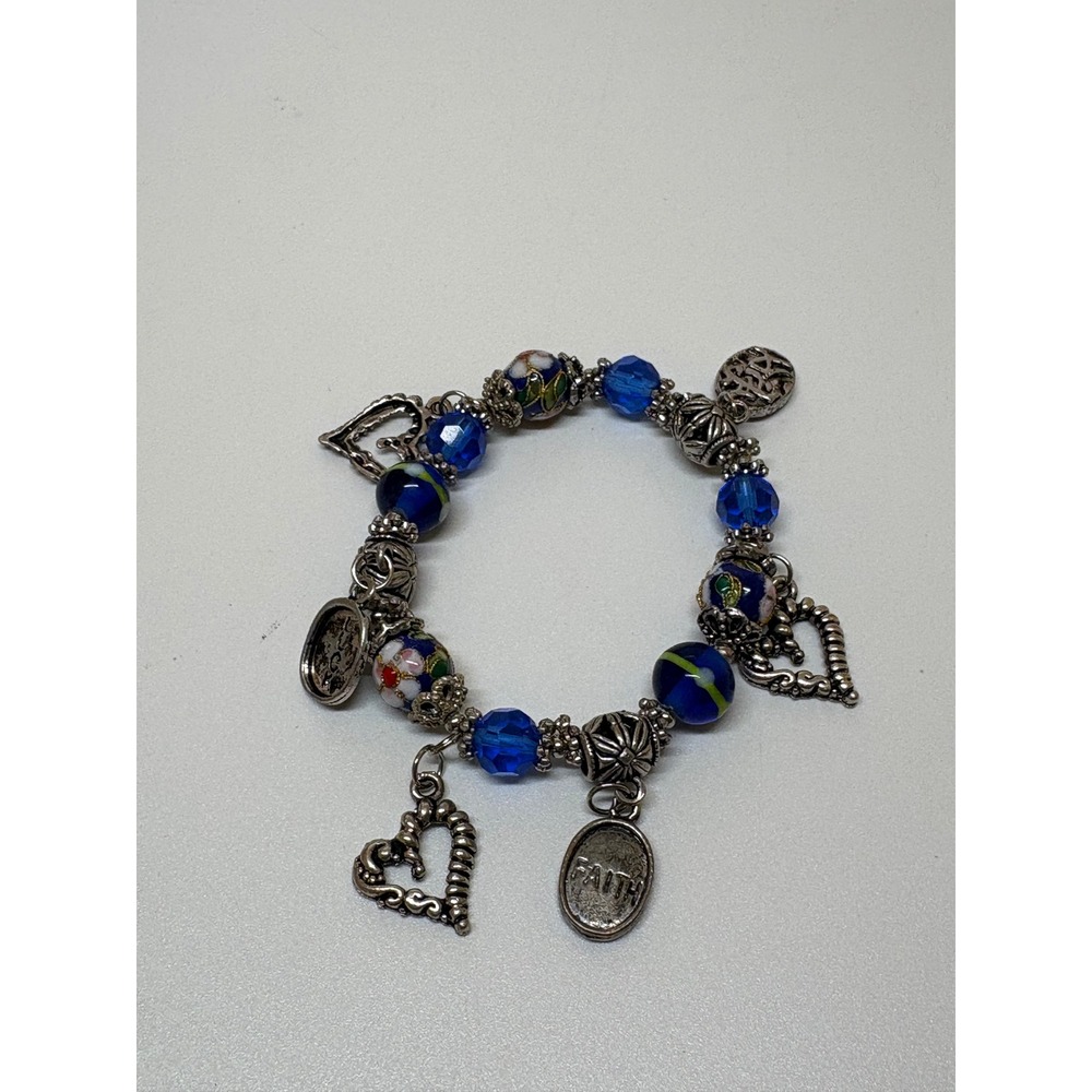 Blue Beaded Charm Bracelet Faith Love Heart Cloisonne Lampwork Stretch